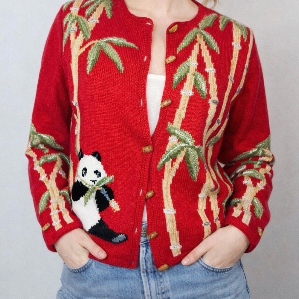 Northern Isles Vintage cherry red cardigan with bamboo and panda print.  Medium
